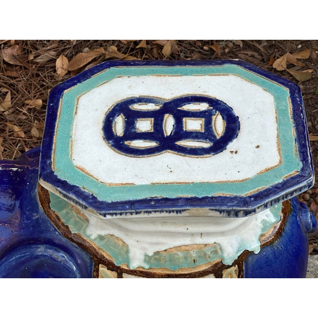 Chinese Ceramic Elephant Garden Seat, Cobalt Blue With Turquoise Accents For Sale - Image 10 of 10