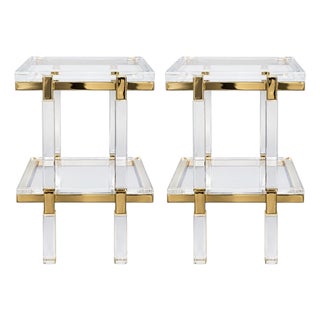 Pair of Charles Hollis Jones Lucite & Brass Two-Tier Side Tables, Late 20th C. For Sale