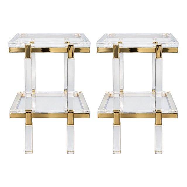 Pair of Charles Hollis Jones Lucite & Brass Two-Tier Side Tables, Late 20th C. For Sale