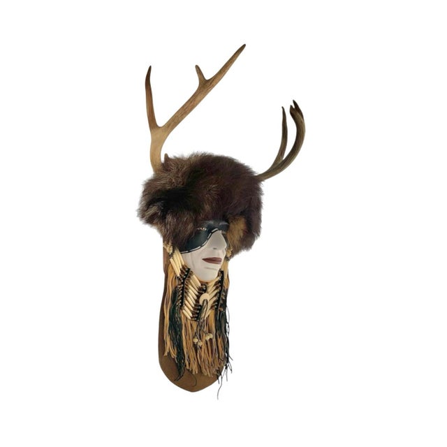 Native American Late 20th Century Shaman Mask Plaster With Antler Vintage Southwestern Walk Mount Decor For Sale - Image 3 of 5