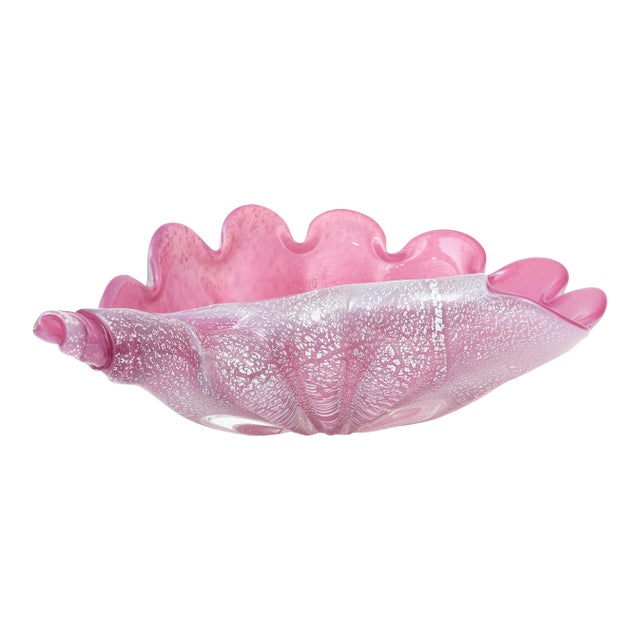 Vintage Murano Pink and Silver Foil Clam Shell Coiled Large Glass Bowl, Signed For Sale