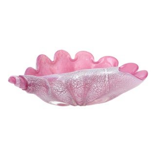 Vintage Murano Pink and Silver Foil Clam Shell Coiled Large Glass Bowl, Signed, 80's For Sale