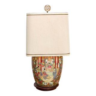 Large Pavillion Court Famille Rose Lamp For Sale