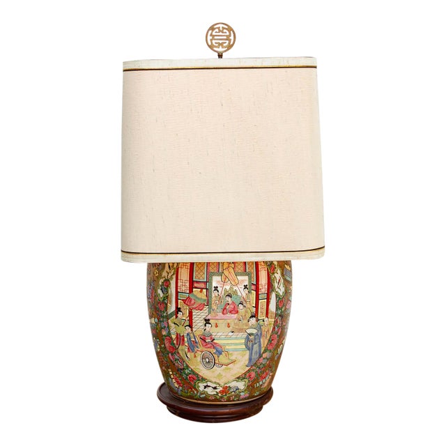 Large Pavillion Court Famille Rose Lamp For Sale