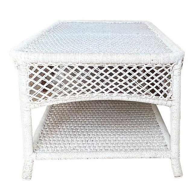 Rectangular French White Rope Wicker Patio Coffee or Cocktail Table ...