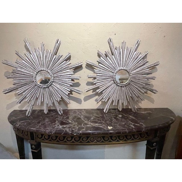 Pair of Italian Silver Leaf Wood Sunburst Mirrors For Sale - Image 4 of 4