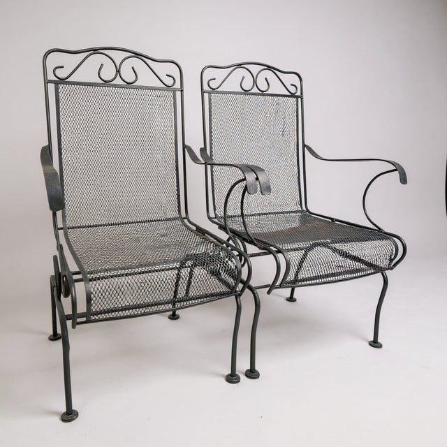 Vintage 1990s Hi-Back Black Cast Iron Mesh Coil Sprung Rocking Arm Chairs - Set of 6 For Sale - Image 4 of 9