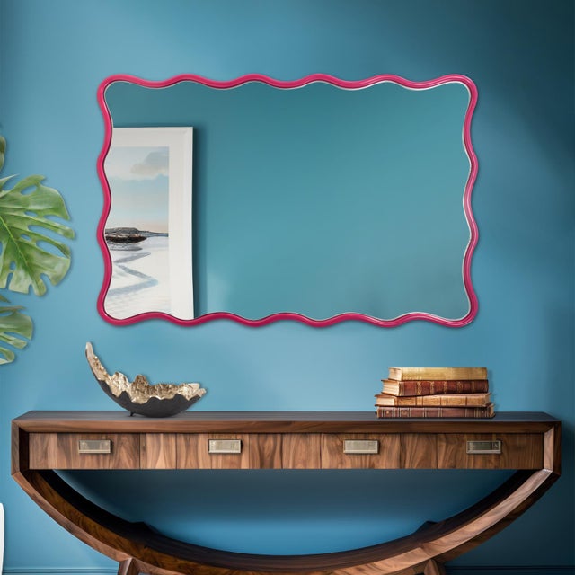 Maya Rectangular Waved Edge Mirror in Glossy Hot Pink For Sale - Image 9 of 11