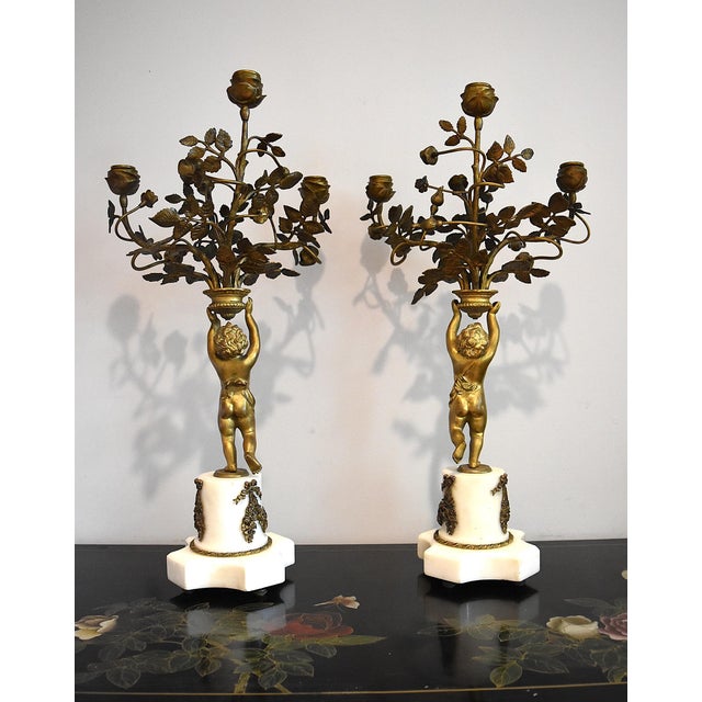 French 19Th Century Louis XVI Style Gilt and Bronze Mounted Cherub Candelabras on White Marble Stands For Sale - Image 10 of 17
