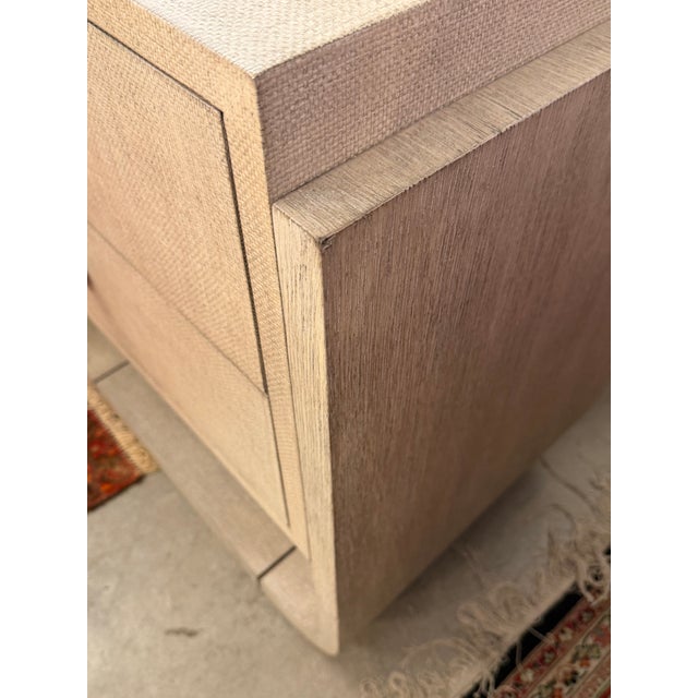 Postmodern Modern Linen Wrapped Wood and Shellac 2 Drawer Nightstands With Metal Accents by Hooker Furniture Co, Signed a Pair For Sale - Image 3 of 11