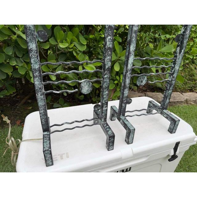 Metal Vintage Large Postmodern Memphis Style Iron Table Lamps With Faux Verdigris Finish, Pair For Sale - Image 7 of 12