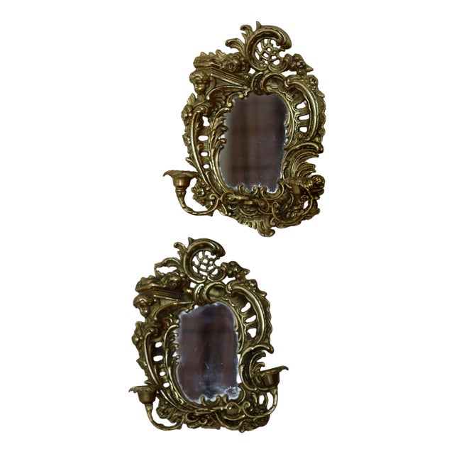 Swedish Brass Sconces with Mirror, Set of 2 For Sale