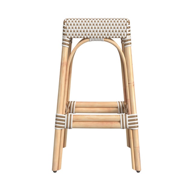 2020s Robias 30 in. Seat Height Rectangular Rattan Backless Bar Stool, White/Tan Dot / Natural Rattan Frame For Sale - Image 5 of 7