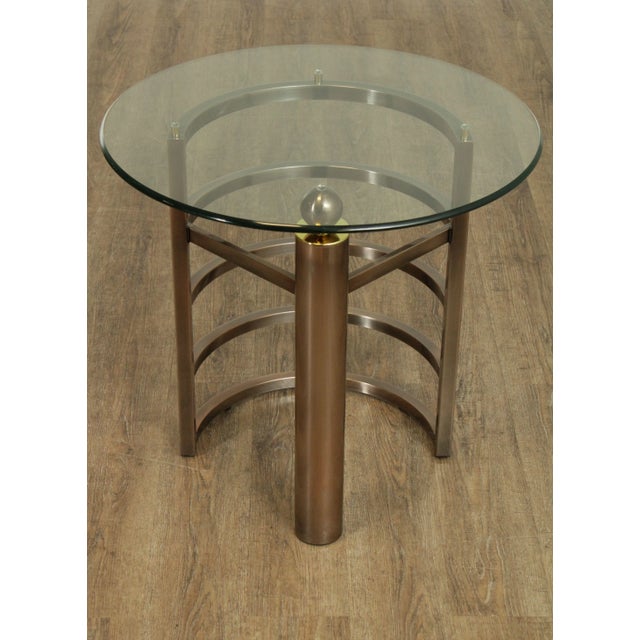Silver Design Institute of America Brushed Steel Round Glass Top Side Table For Sale - Image 8 of 13