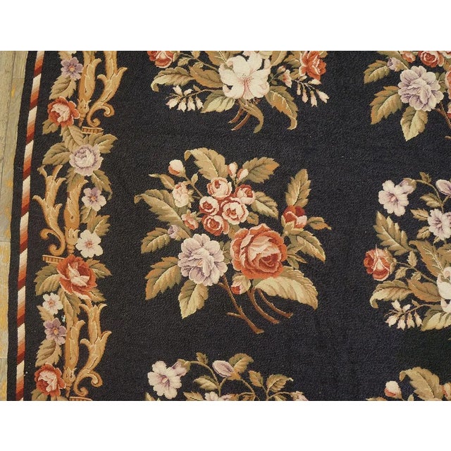 1980s 1980s Black Floral European Vintage Needlepoint Carpet 7'10'' X 9'6'' Flatweave Wool Rug For Sale - Image 5 of 9