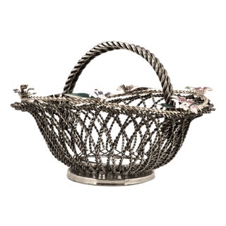 Hollywood Regency Wire Basket with Floral Decor, 1950s For Sale