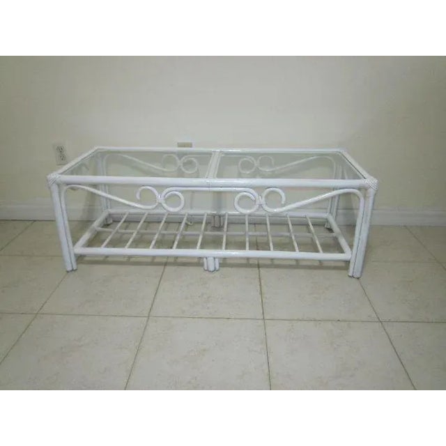 Coastal Bamboo Rattan White Coffee Table With Two End Table Glass Top Set of 3 For Sale In Naples, FL - Image 6 of 12