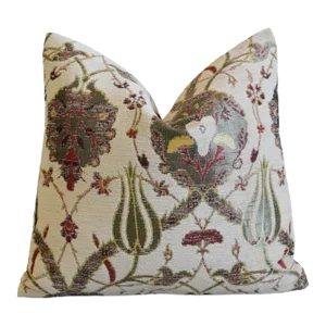French Designer Velvety Chenille Floral Botanical Feather/Down Pillow 17" X 16"
