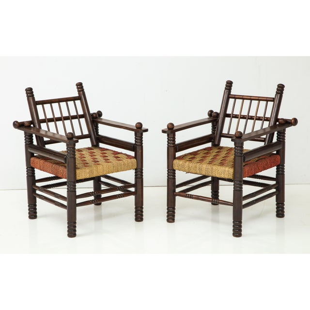 French Pair of Spindle Back Armchairs With Woven Seats For Sale - Image 3 of 12