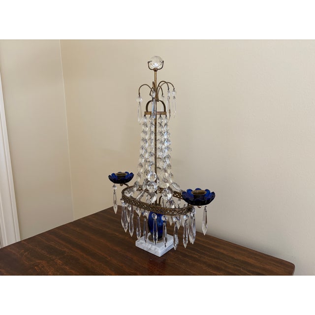 French Provincial Early 20th Century Gustavian Crystal Girandole With Cobalt Glass and Marble For Sale - Image 3 of 13