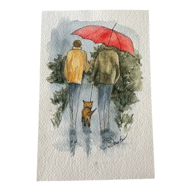 “Under One Red Umbrella” Original Mixed Media Watercolor by Nancy Smith For Sale