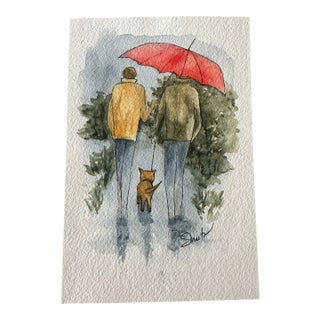 “Under One Red Umbrella” Signed Original Mixed Media Watercolor by Nancy Smith For Sale