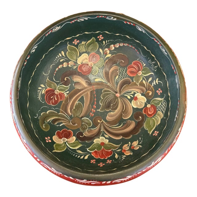 Signed Vintage Hand-Painted Norwegian Rosemaling Style Bowl - Scandinavian Folk Art, Toleware Decorative Style, Red & Green Floral Design For Sale