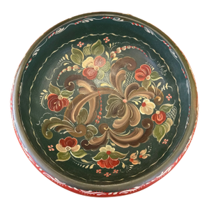 Signed Vintage Hand-Painted Norwegian Rosemaling Style Bowl - Scandinavian Folk Art, Toleware Decorative Style, Red & Green Floral Design