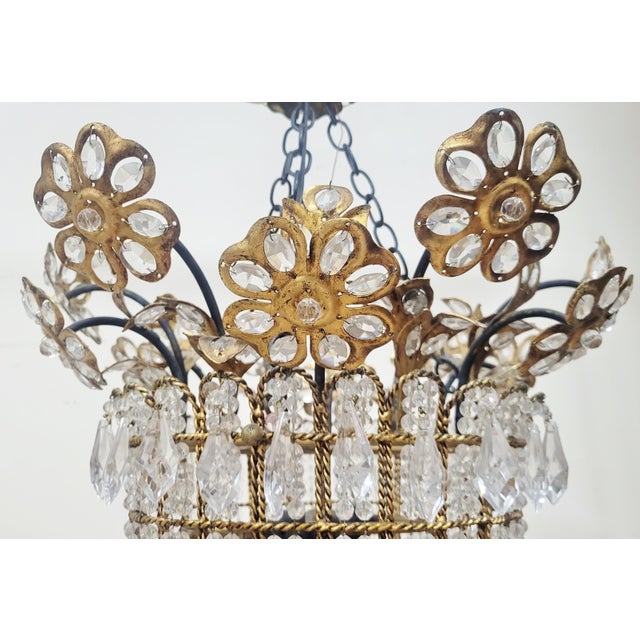 Metal Vintage French Designer Mid-Century Modern Crystal & Bronze Flower Basket Chandelier For Sale - Image 7 of 13