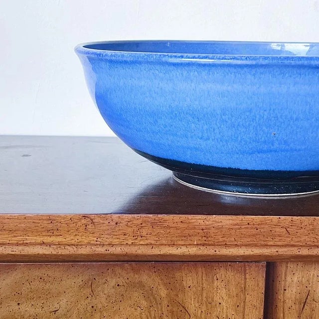 Mid-Century Modern Vintage Large California Studio Pottery Decorative Centre Bowl in Blue Glazes, Signed For Sale - Image 3 of 6