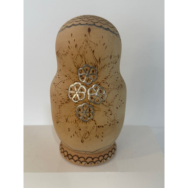 Signed Soviet Russian Matryoshka Nesting Doll Set W/ Pyrography Decor 6.25” Tall For Sale - Image 10 of 12