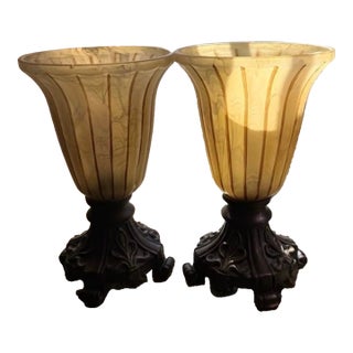 Vintage Ting Shen Hollow Light-Up Table Lamps Feature Amber-Yellow Ribbed Glass Shades - a Pair For Sale