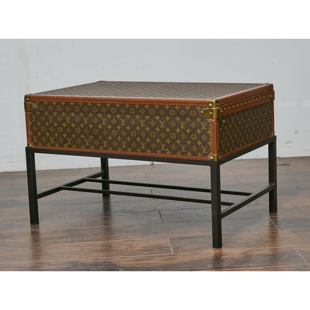 Metal Louis Vuitton Vintage Trunk Made into Coffee Table on Custom Base For Sale - Image 7 of 12