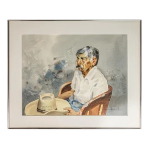 Signed Watercolor "El Equipal" Folk Art Painting by Luis Ricardo Amendolla, Mexico, C. 1980's