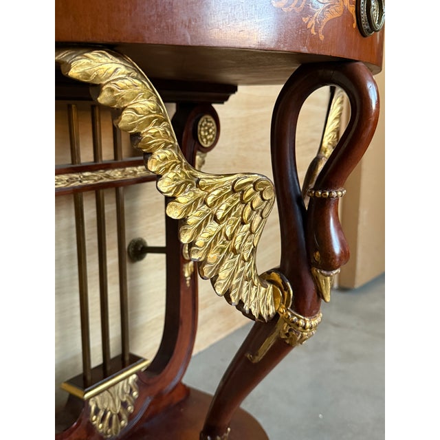 Gold 20th Century Pair of Demilune Swan Nightstands With Marquetry Top and Crest For Sale - Image 8 of 13