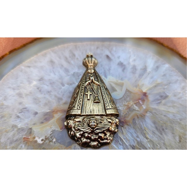 Brass Figurine of Our Lady of Aparecida on Agate Base, 1950s For Sale - Image 3 of 7
