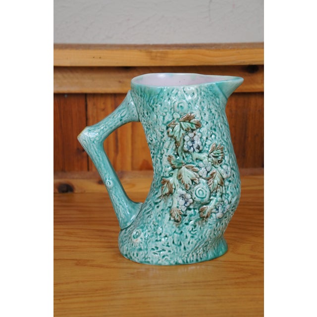 Antique Majolica Turquoise Adirondak Tree Trunk Log Branch Pitcher Jug For Sale - Image 4 of 11