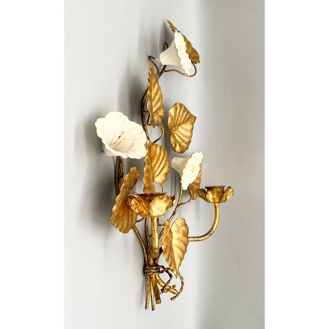 Vintage Italian Gilt Tole Floral Wall Sconces, Pair With White Trumpet Flowers – Hollywood Regency / Italian Provincial For Sale - Image 15 of 15