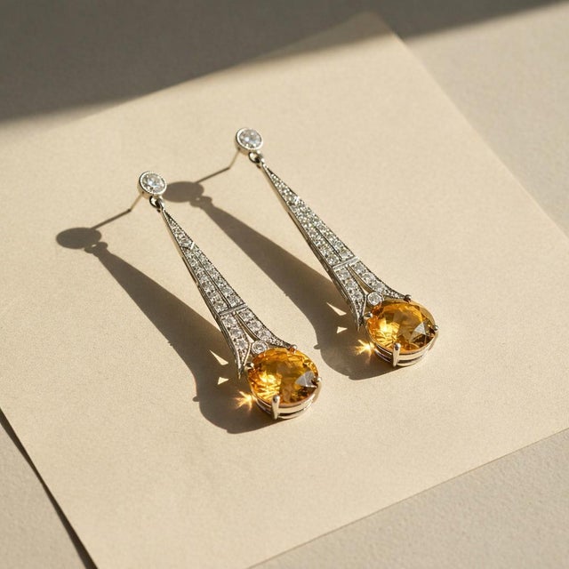 Art Deco Style Citrine and Colorless Topaz Drop Earrings Silver, Gold, A Pair For Sale - Image 4 of 5