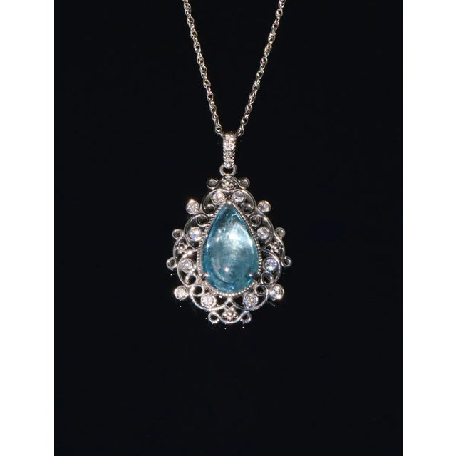 Gemstone Certified Natural 6.97Cts VS F Diamond Aquamarine 18K Solid Gold Filigree Pendant For Sale - Image 7 of 10