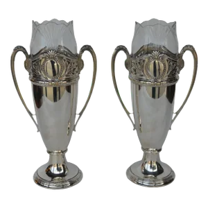 Pair of Tall Silver Victorian Urn Form Vases With Glass Insert.