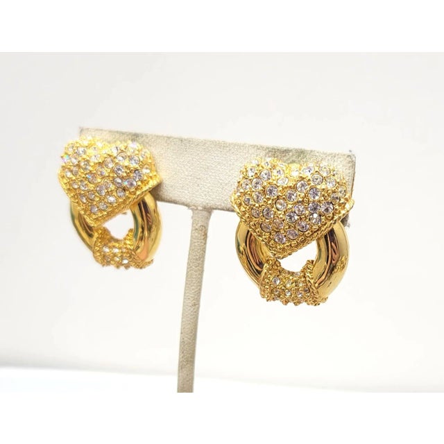 Modern Vintage Signed Escada Goldtone Rhinestone Heart Doorknocker Clip Earrings - 2 Pieces For Sale - Image 3 of 10