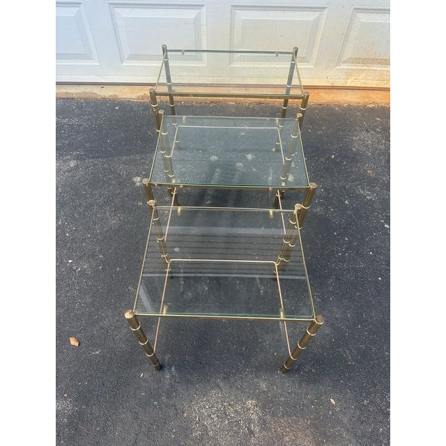 Maison Baguès Style Brass Faux Bamboo Glass Nesting Tables – Hollywood Regency Mid-Century Set of 3 For Sale In Columbia, SC - Image 6 of 12