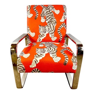 Vintage Boho Chic Contemporary Tiger Print Lounge Chair, After Ralph Lauren Bohemian Collection For Sale