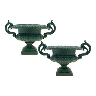 Early 20th Century Cast Iron Green Painted Planters Garden Urns - Set of 2 For Sale