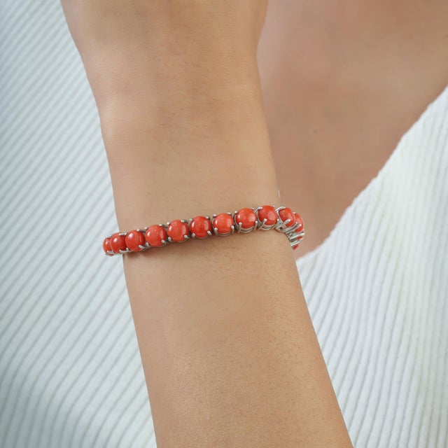 Not Yet Made - Made To Order Carat&Her Vibrant 25.7 Ct Round Scarlet Coral Tennis Bracelet in 925 Sterling Silver For Sale - Image 5 of 13