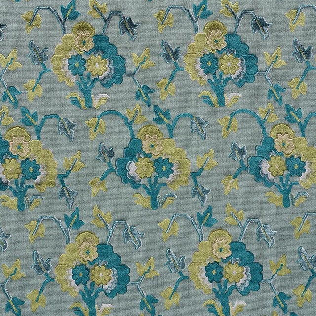Schumacher Jennie Velvet Fabric in Peacock & Celadon For Sale