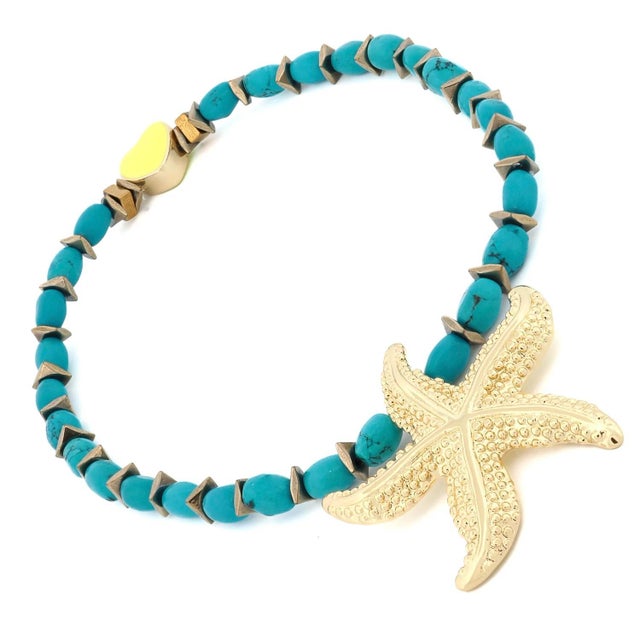 Early 21st Century Majestic Starfish Charm Turquoise & Yellow Heart Beaded Anklet For Sale - Image 5 of 7