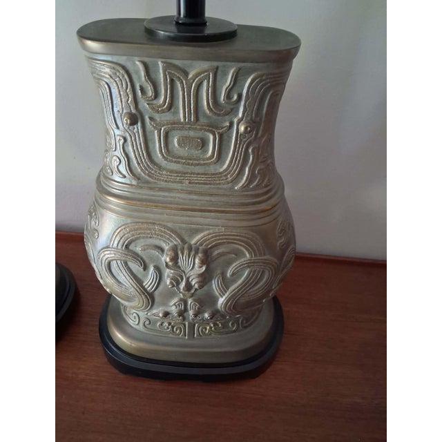 1980s Archaistic Pair of Brass Chinese Hu Vessel Urn Table Lamps - a Pair For Sale - Image 13 of 13