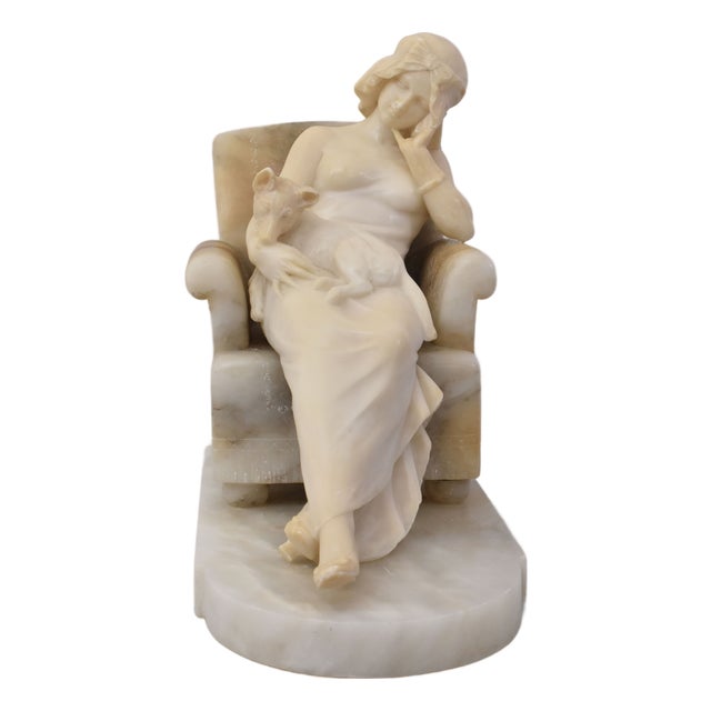 Antique Alabaster Sculptures Young Girl Sculpture with Dog by Giuseppe Gambogi, 1890s For Sale